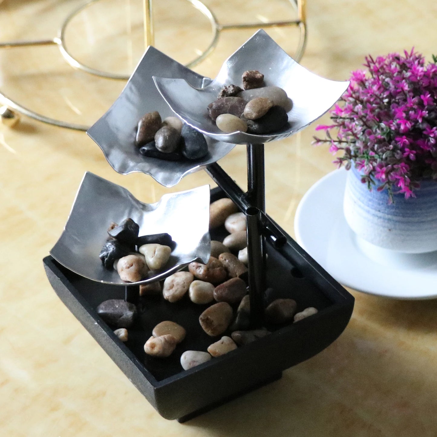 Indoor Small 3-Tiers Metal Silver Squares Pebbles Flowing Water Iron Black Bowl Desktop Fountains