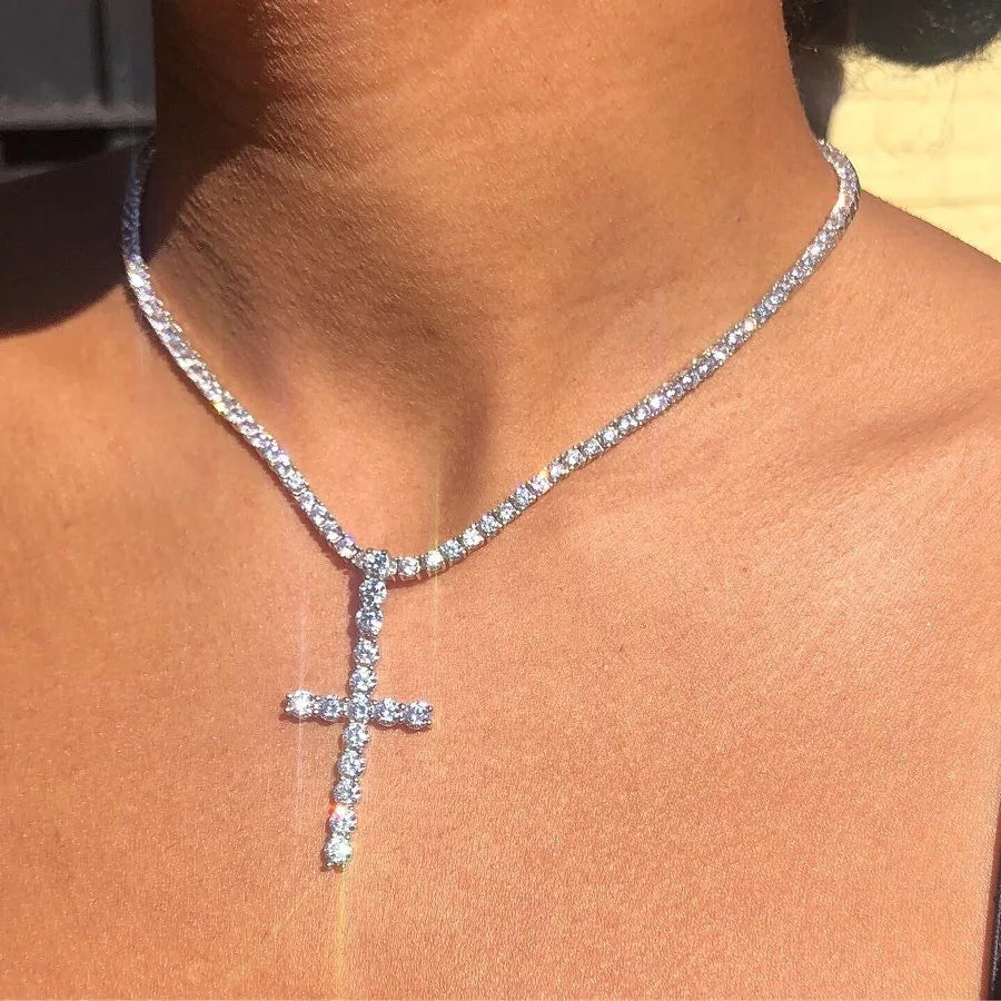 Women Imitation Cross Chain-Link Pendent Colorful Zircon Stone Necklaces/Colors-Multicolor/ Silver