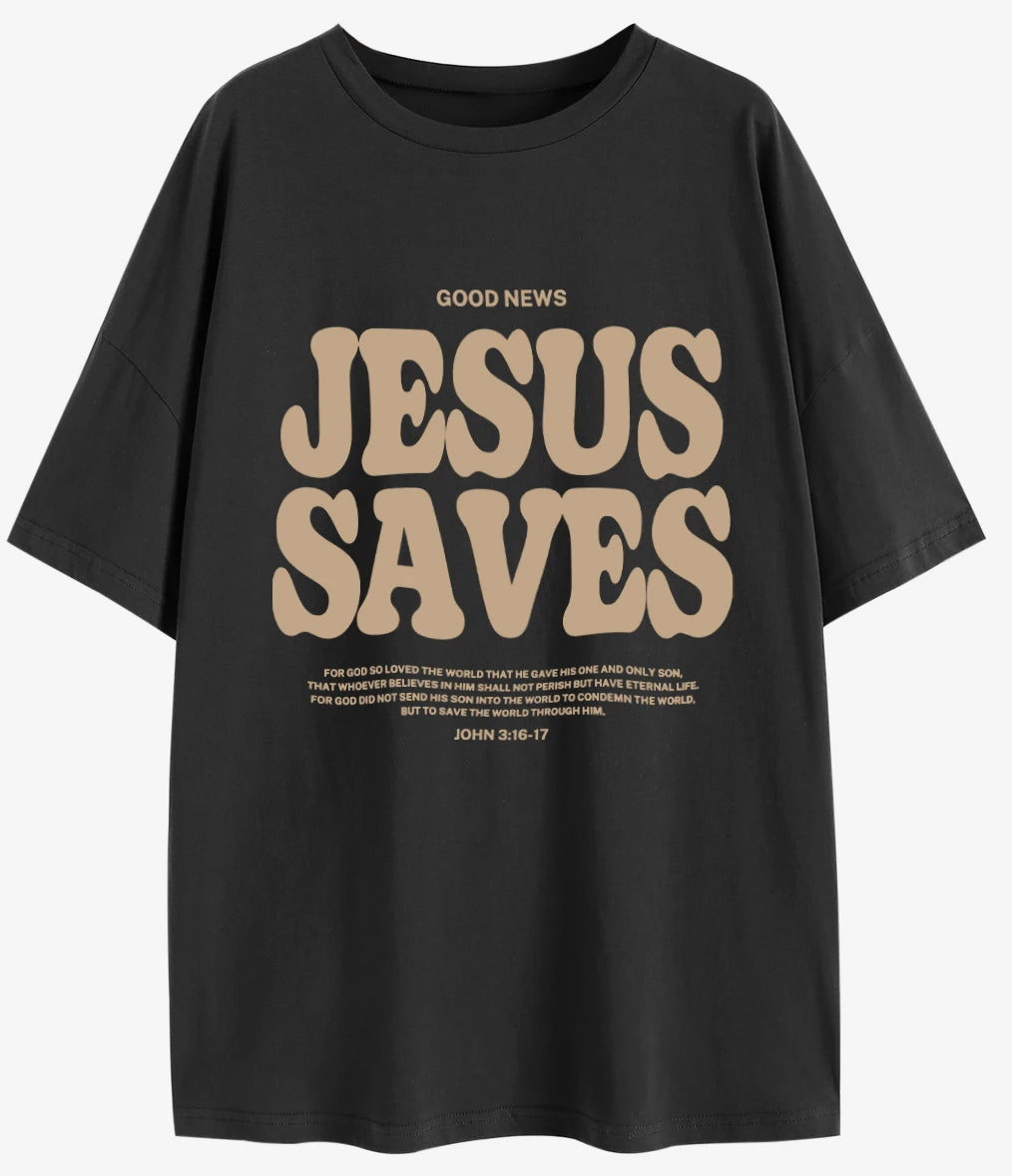 Women's Oversized Short Sleeves Ruffles O-Neck Good News Jesus Saves ( John 3: 16-17 Bible Verse) T-Shirts/Sizes: S-2XL/Colors-Brown/Gray/Green/Beige/Black/White