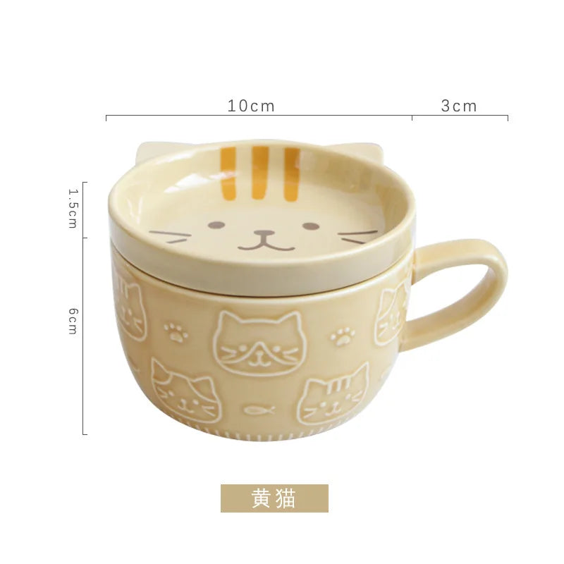 Kitchen Round Japanese Ceramic Funny Cartoon Cute Cat Coffee Mugs-Creative Cover/Colors-Blue/ Brown/Milk Yellow