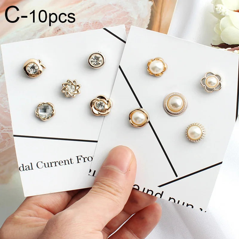 10pcs Button Brooch Set Imitation Pearl Rhinestones Pin Coat Clothes Accessories Gift Prevent Exposure Brooches for Women