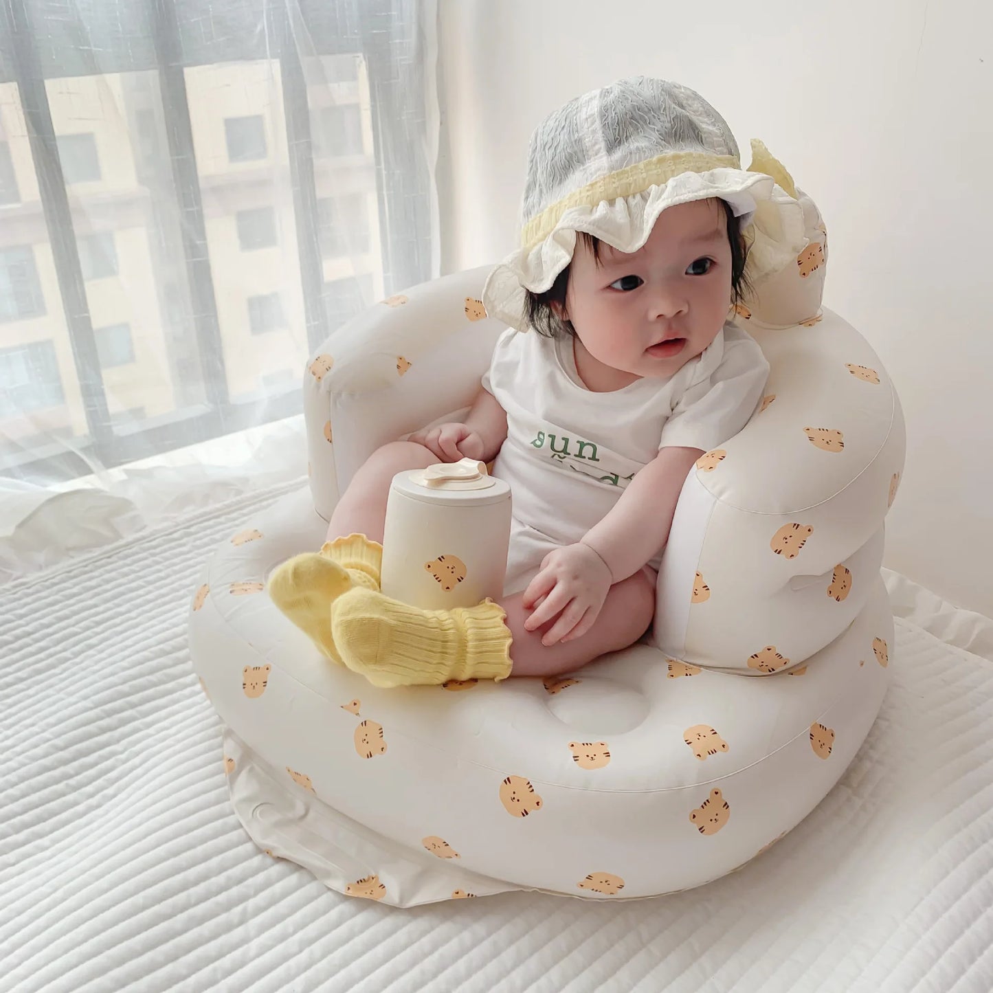 Baby PVC Inflatable Sofa Puff Portable Bath Sitting Chairs /Suitable for Babies: 6months-36 months/ 20 KG/Colors- Animals/White/Beige