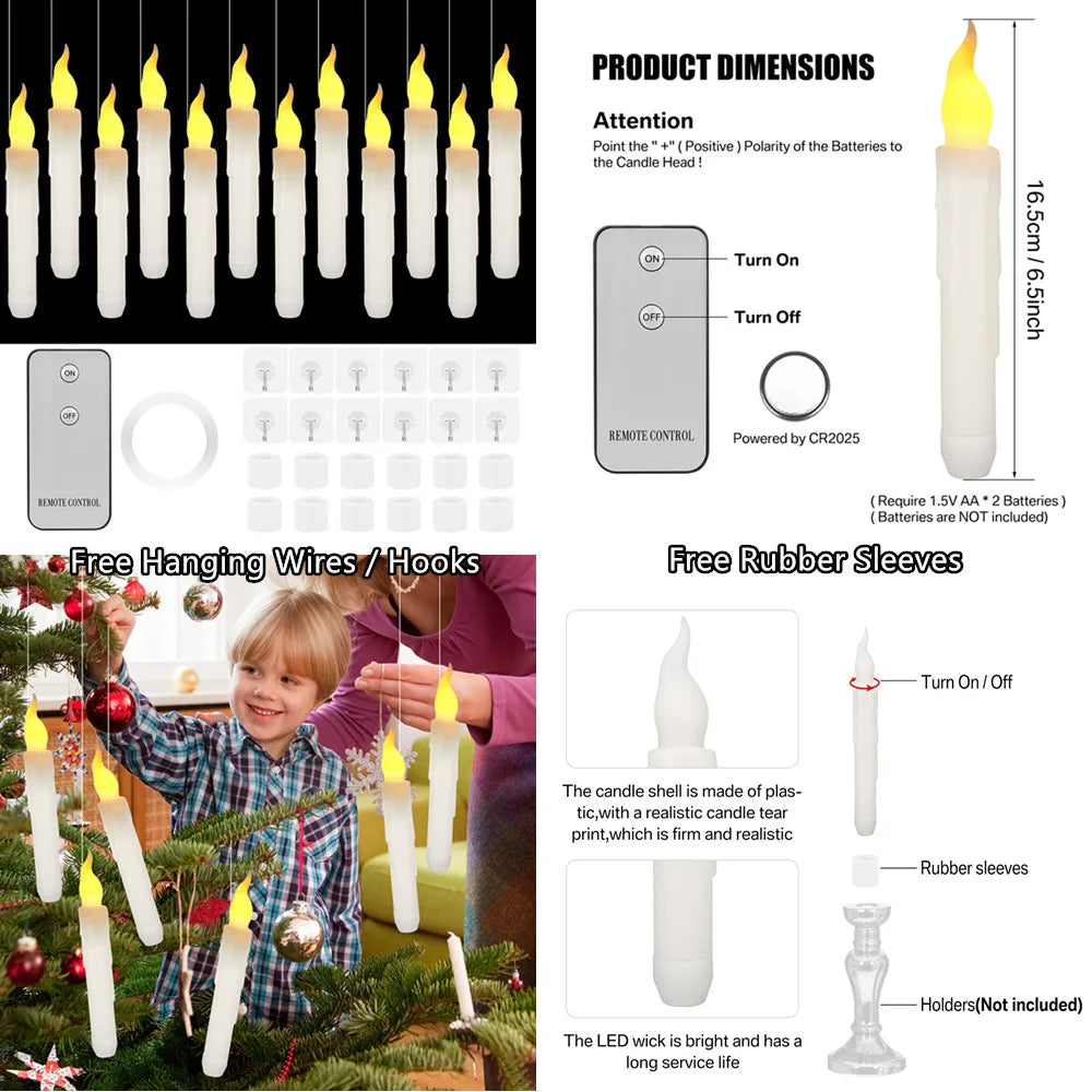 6-24 PCS Set LED White Realistic Round Cylindrical Plastic Flameless Flickering Tall Tapered Handheld Electric Window Candles/Battery: 2-AAA ( Not Included )/ Automatic Timer/1-4 PCS Remote Control