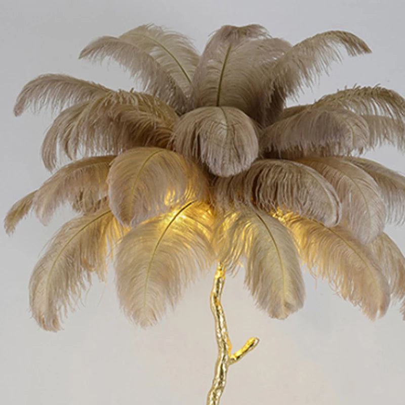 Modern Resin Gold Iron Tree-Like Trunk Base LED Ostrich Feather Up-Down Shade Standing Table Lamps/Colors-White/Pink/Blue/Orange/Black/Gold