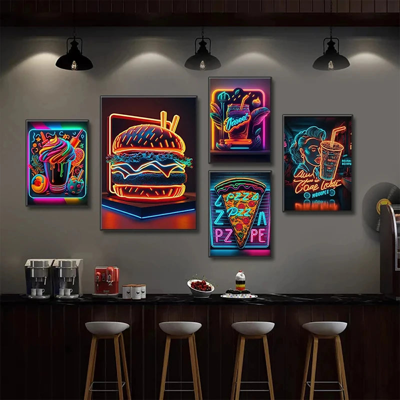 Unframed Modern Cotton Canvas Cartoon Neon Fast Food/Soft Drinks Prints/Colors-White/Blue/Multicolor