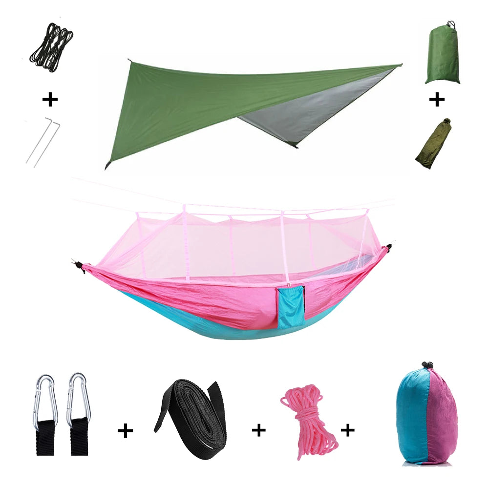 Outdoor Lightweight Waterproof Portable Nylon Mosquito Net-Rope Sleeping Camping Tarp Hammocks/Colors-Camouflage/Gray/Pink/2 Tree Straps/2 Steel Carabiners/Hammock Bag/Load Bearing Weight : 440 lbs