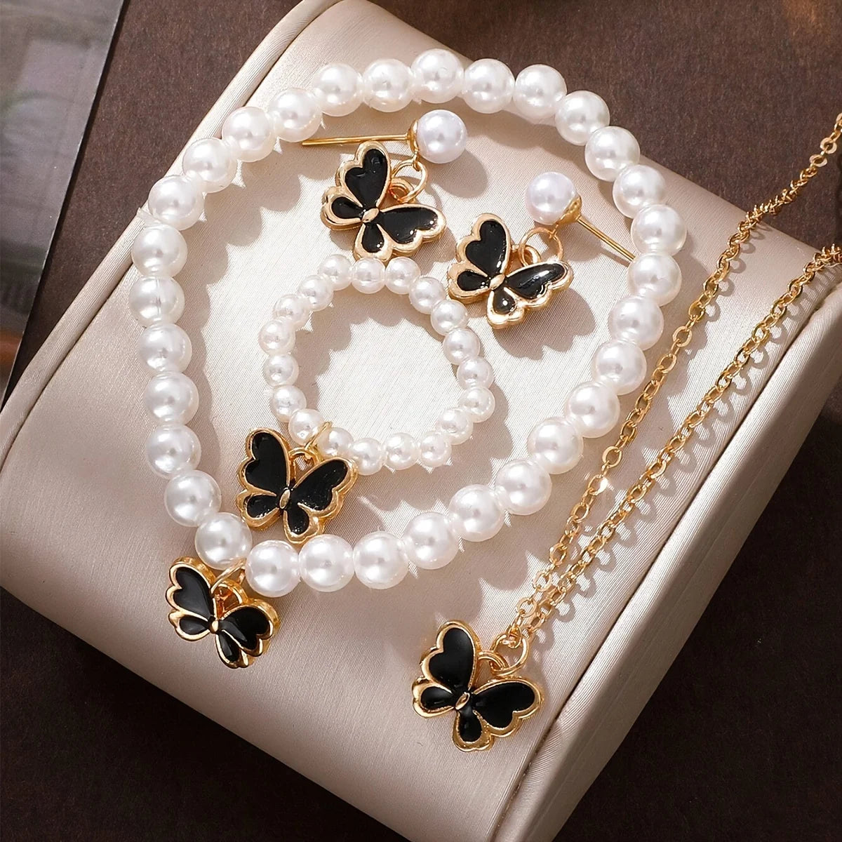 3PCS Set Imitation Zinc Alloy Lucky Five-Leaf Clover Jewelry Sets/Necklace-Bracelet-Earrings/Colors-Floral/Gold/Black/White/Silver
