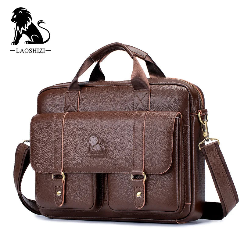Men Flap Pocket Cow Leather Zipper Briefcase Polyester Bags/ Crossbody Shoulder Straps-Handles/Fits 14 Inch Laptop/IPAD 13.3 Inch Tablet/External Pockets/Built-In Compartments/Colors-Black/Brown