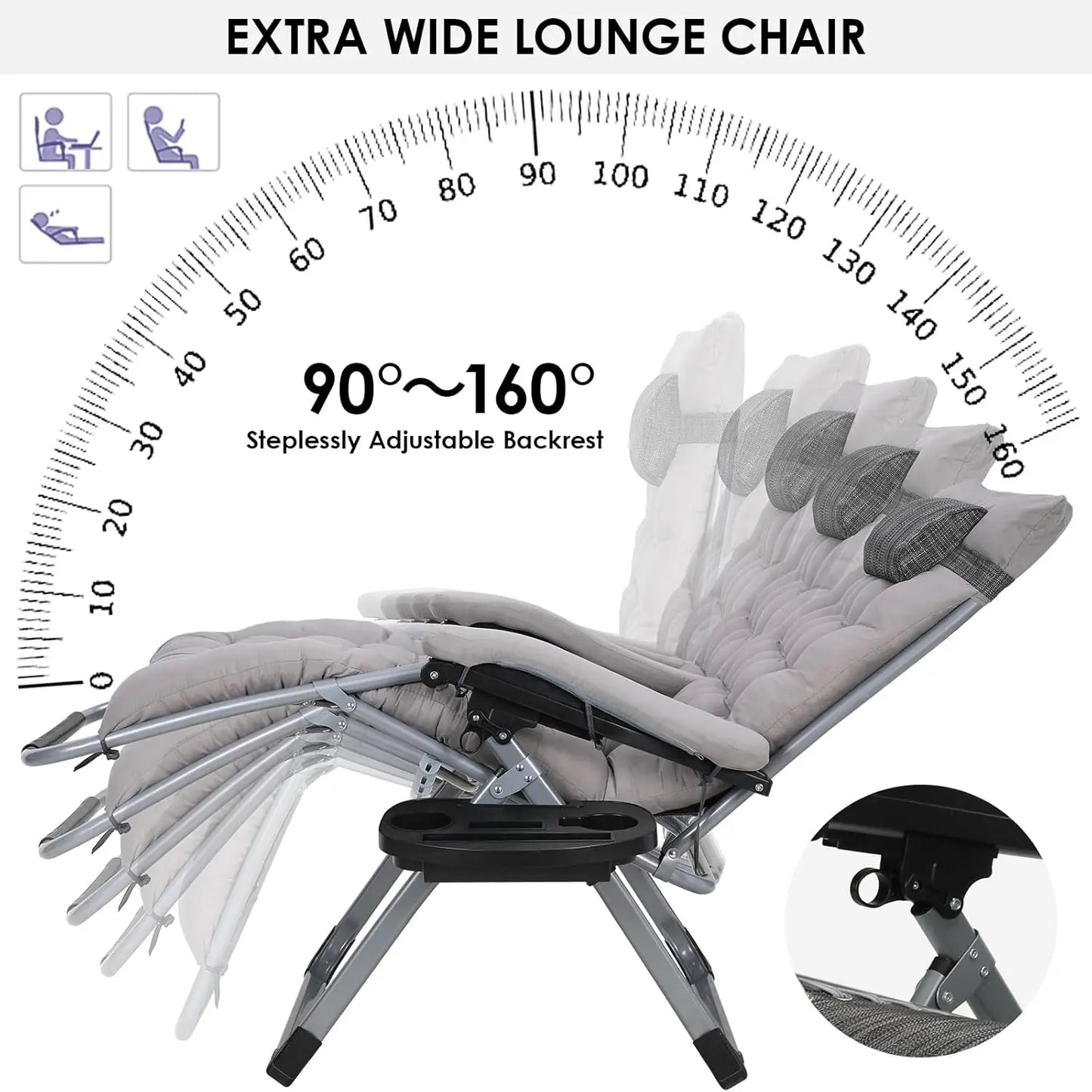 Metal Adjustable Headrest Gray Patio Lounge Chair w/Removable Cotton Cushions/Cup Holders/Size: 160 x 69 x 80 cm 7.6 kg