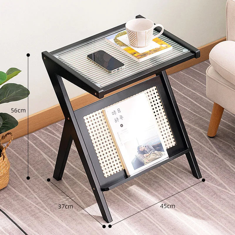 Z Shaped Bamboo Removable Glass Top End Table W/ Magazine Rack/Colors-Black/Brown/Oak