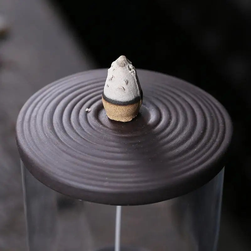 Round Enclosed Glass Case Ceramic Resin Desktop Wood 4 Leg Base Backflow Incense Cone On Top Burners/Colors-Black/Gray
