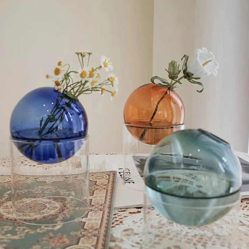 Mini Nordic Tabletop Borosilicate Glass Ecological Round Bottle Vases/Colors-White/Orange/Blue/Clear