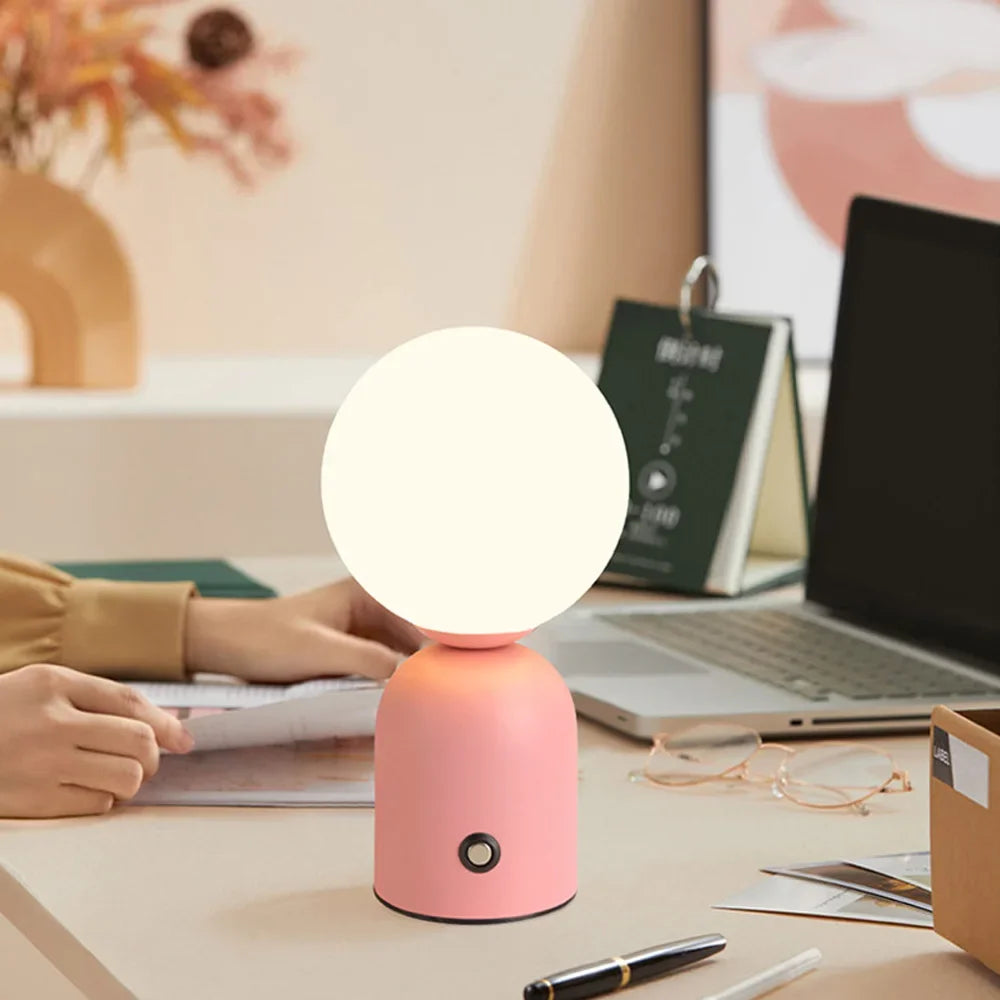 Nordic Iron Shadeless Tri-Color LED Touch Switch Round White Rechargeable Li-Ion Battery Touch Switch Stepless Dimming Table Lamps /Type C Port USB Charging/Colors-Red/Pink/Yellow/Black