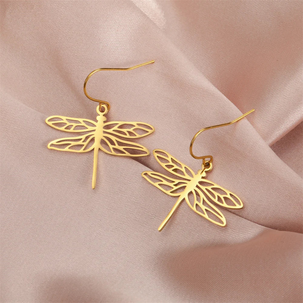 My Shape Dragonfly Earrings for Women Girls Gold Color Stainless Steel Dangle Earrings Hoop Earrings Insect Fashion Jewelry Gift