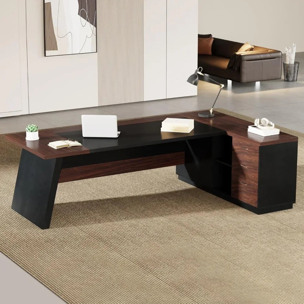 ANGDUO L-Shaped Large Modern Executive Walnut-Black Office Desks w/2 Drawers/1 File Drawer/Product Dimensions: 55.1"D x 78.7"W x 29.5"H