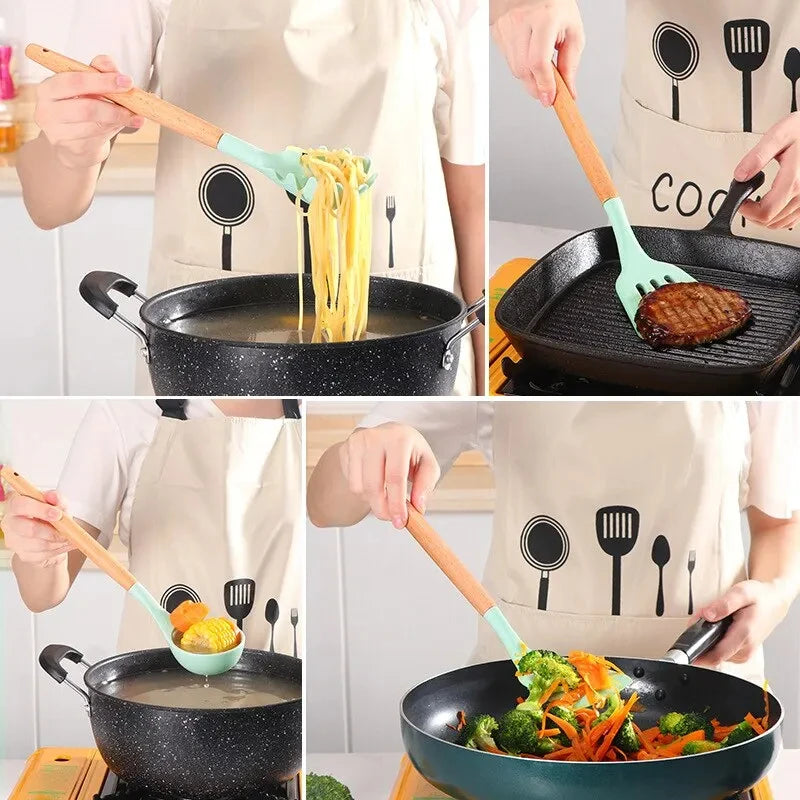 Kitchen 12 PCS Set Green Heat Resistant Non-Stick Silicone Tips Wood Handles Utensils-Storage Bucket/Colors-Blue/Red/Black/Green/Multicolor