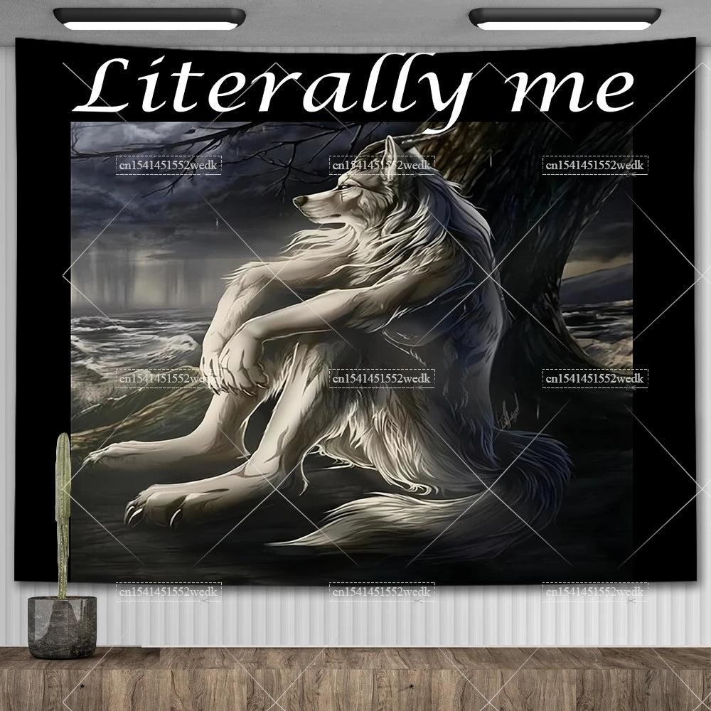 Emo White Wolf Sitting Meme Tapestry Werewolf Tapestries For Bedroom Printed Home Decoration Paintings Room Wall Hanging Posters