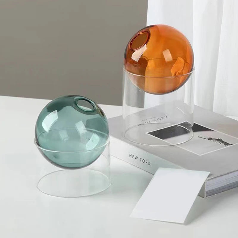 Mini Nordic Tabletop Borosilicate Glass Ecological Round Bottle Vases/Colors-White/Orange/Blue/Clear