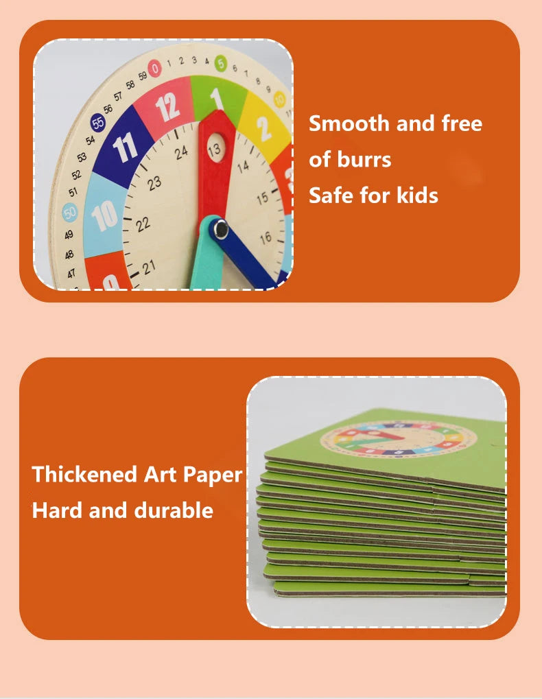 Teachers Educational Multicolor Wood-Paper Wall Clock Model/ Wood Stand /Games/15 Double-Sided Cards/Minute-Second-Hours Hands/Back Support-Magnet/Ages: 3 Years And Older