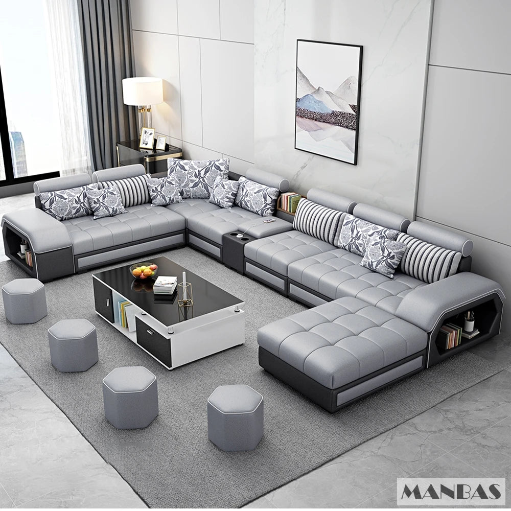 MINGDIBAO Modern U-Shape Medium Soft Firmness Fabric Sectional Sofa Sets/ Size: 240 x 400 x 80cm/ USB Port/Storage/4 Stools/Colors-Blue/Black/Khaki/Grey