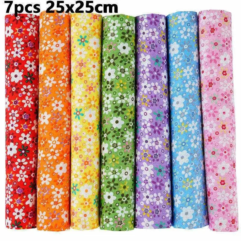 1-Set 7 Different Colors Handmade Anti-Static 100% Cotton Plain Dyed Woven Printed Quilting Brocade Fabric Squares/Colors-Multicolor/Floral/Animal/Orange/White/Gray/Red