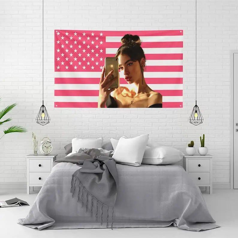 Double Stitched Personalized Custom Photo Polyester Pink USA America Flag Travel Wall Hanging Tapestries/ 2 Sturdy Brass Grommets/Colors-Pink/Red/Striped