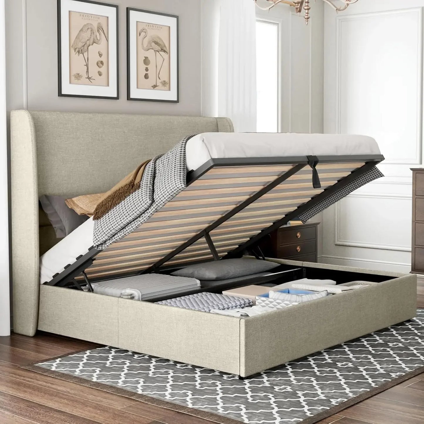 ANGDUO Modern Lift Up Upholstered High Wingback Linen Fabric Headboard Metal Frame King Size Platform Beds/Large Hydraulic Storage/No Box Spring Needed/ Dimensions: 84.25"L x 80.51"W x 51.18"H/Colors-White/Beige/Gray