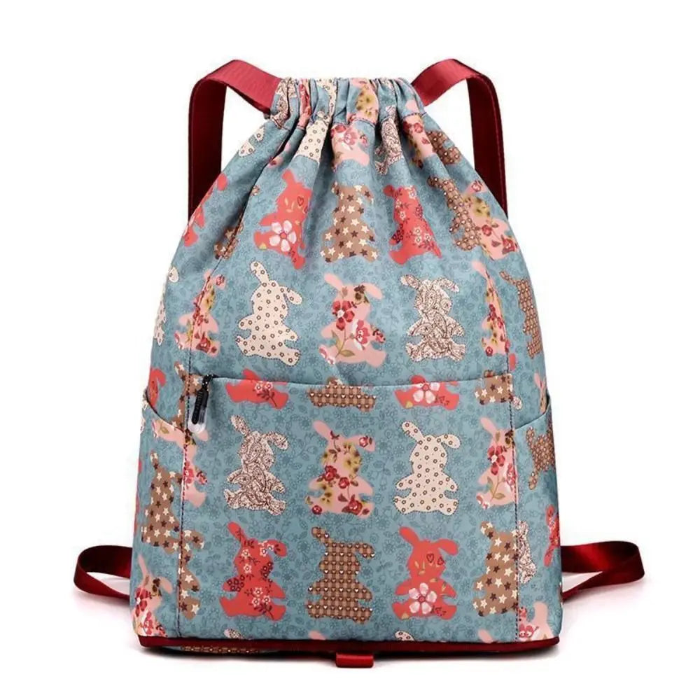 Large Foldable Oxford Cloth Polyester Lightweight Dry-Wet Separation Sports Drawstring Backpacks/External Pockets/Back Straps-Handle/Colors-Black/Animal/Multicolor