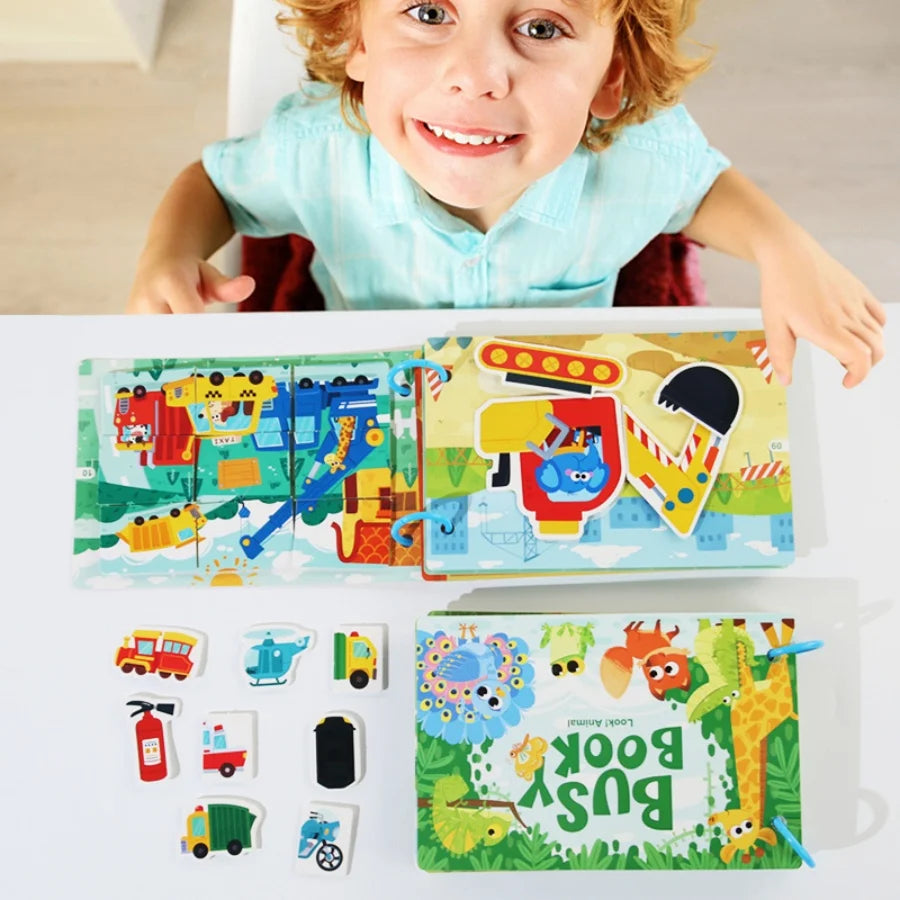Parent-Child Interaction 3 Rings Early Education Cardboard Paper 6 Themes Quiet Busy Book Brain Development Puzzle Sticker Books/Ages: 3-12 Years Old/ Colors-Multicolor/Blue/Animals
