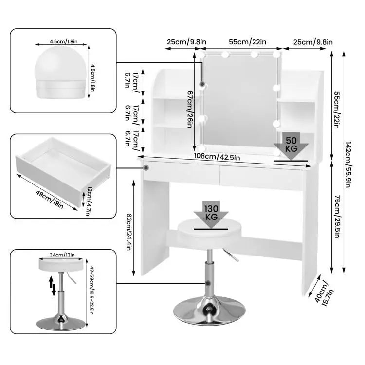 Wood White Vanity Dressing Table Set w/ LED Lighting for Stool/ Height-Adjustable Chair/ Table -108 x 142 x 40 cm (W x H x D)