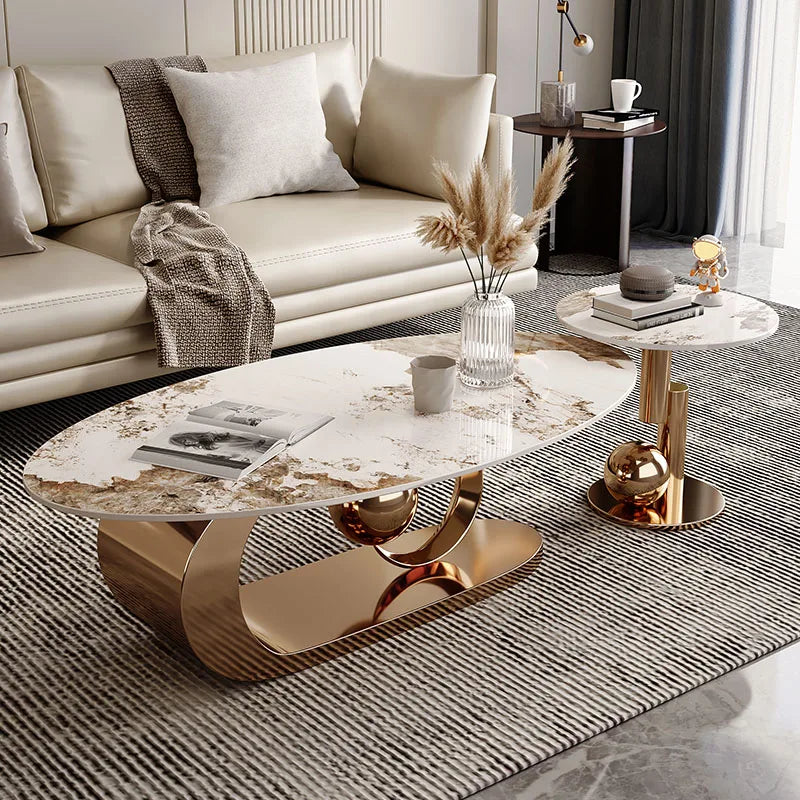 2 pcs Marble Topped Oval-Shaped Coffee Table Gold Colored Metal Base / Small Round Coffee Table Set/ Size: Oval Table 42cm H x 120/130cm W/ Size: Small Round 50cm W x 48cm H