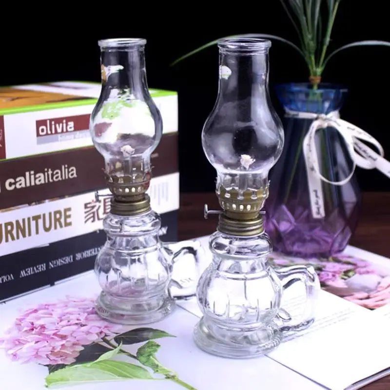 Indoor Desktop Windproof Mini Glass-Metal Kerosene Oil Lamps/Glass Lampshade/Removable Wick /Color-Transparent/Green