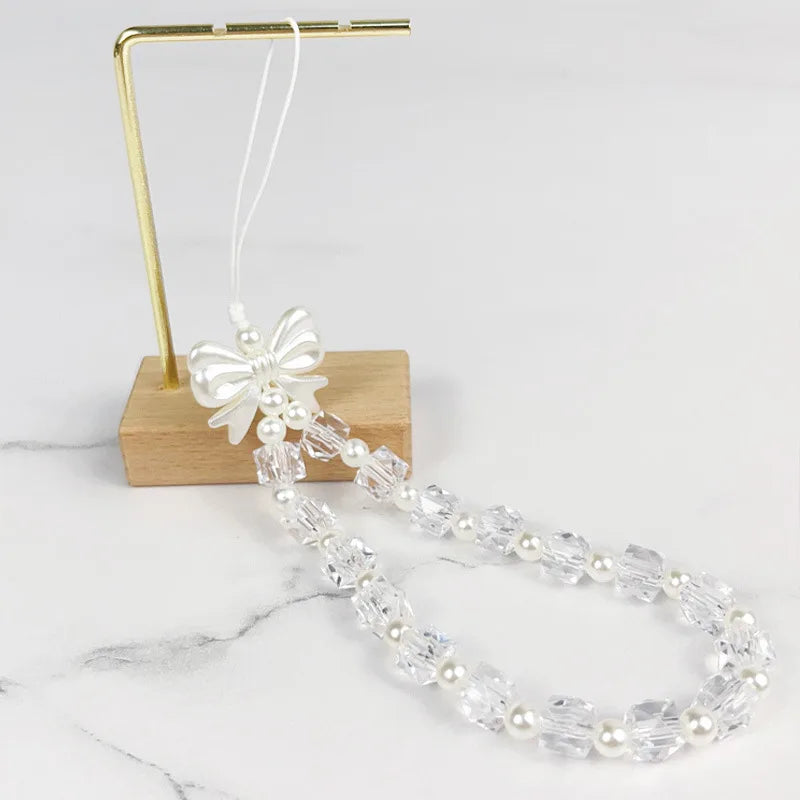 Women Korean Cute Beaded Faux Pearl Charm Strong Nylon Rope Hanging Wrist Strap Phone Accessories/Colors-Black/White/Clear