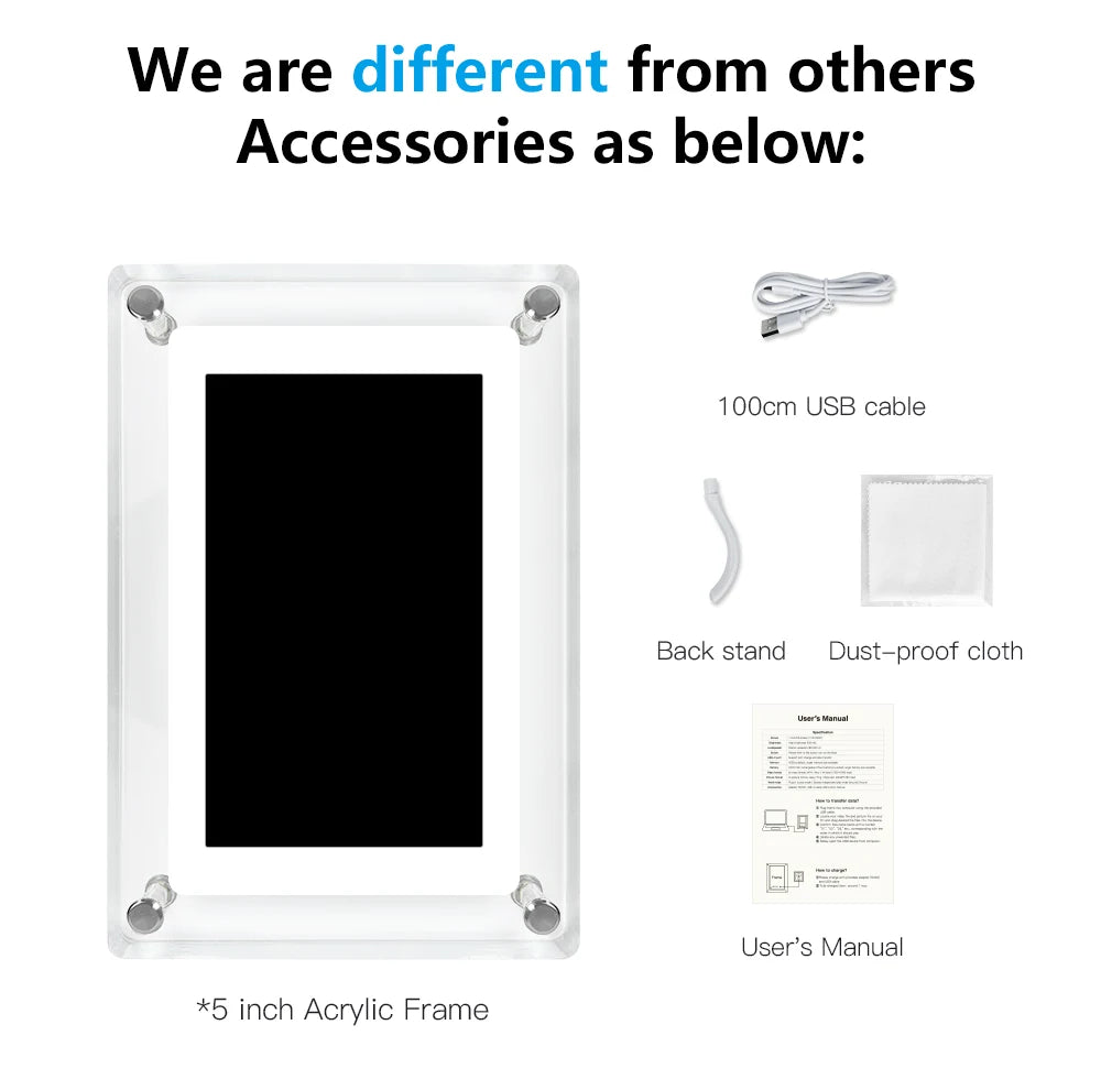 5 Inch Rectangle Acrylic Round Corners ON Screen Display Automatic 360 Rotate Function Video MP3-Playback Digital Zoom Photo Frames/Camera HD Type VGA/100cm USB Cable/White Back Stand/Dust-Proof Cloth/ User Manual/Colors-White/Clear