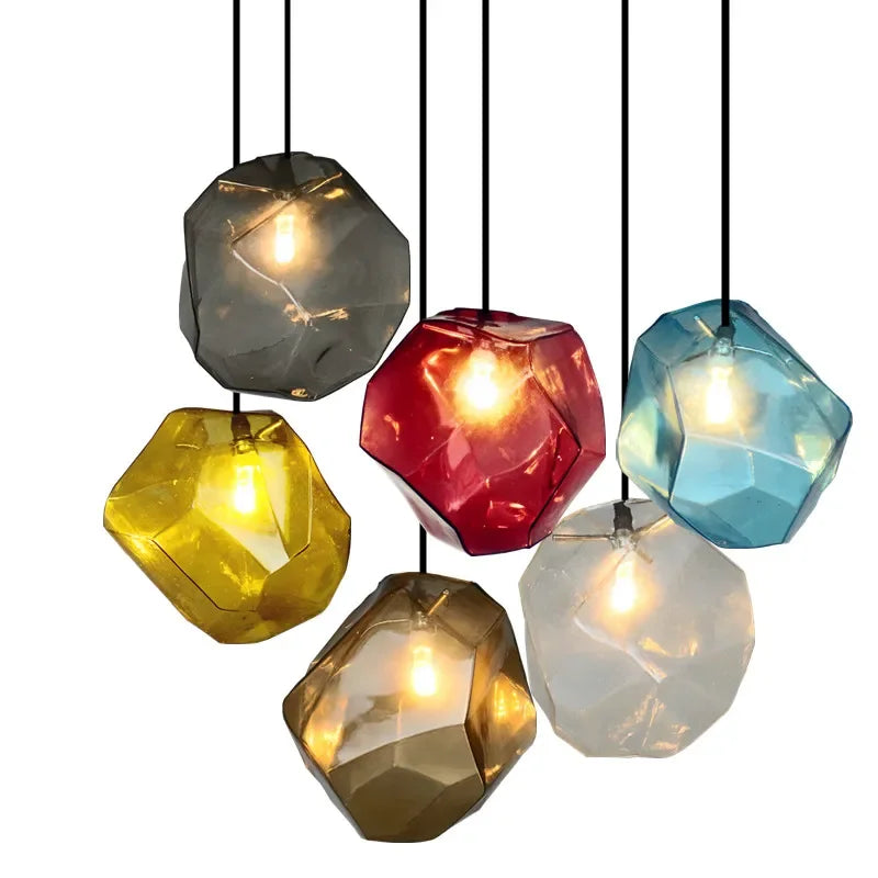Indoor ART DECO Colorful LED Stone Shape Glass Cord Pendant Ceiling Light Fixtures/ Colors-Red/Blue/Brown/Yellow/Clear