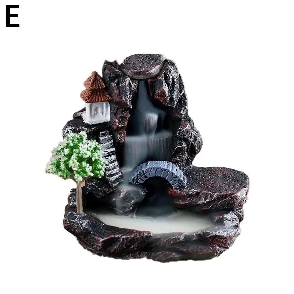 Ceramic Resin Small Village Scene Trees Rocky Mountain Terrain Brown Mill Wheel Realistic Flowing Water Backflow Incense Burner Holders/Colors-Black/Gray/Brown/Green