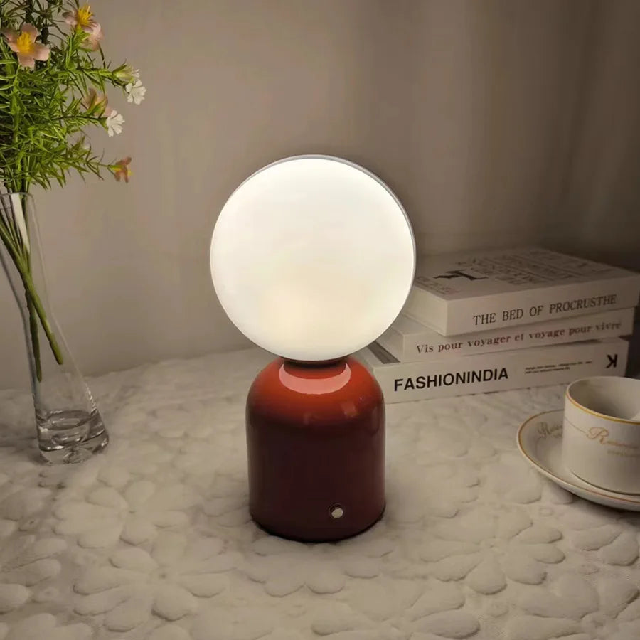 Nordic Iron Shadeless Tri-Color LED Touch Switch Round White Rechargeable Li-Ion Battery Touch Switch Stepless Dimming Table Lamps /Type C Port USB Charging/Colors-Red/Pink/Yellow/Black