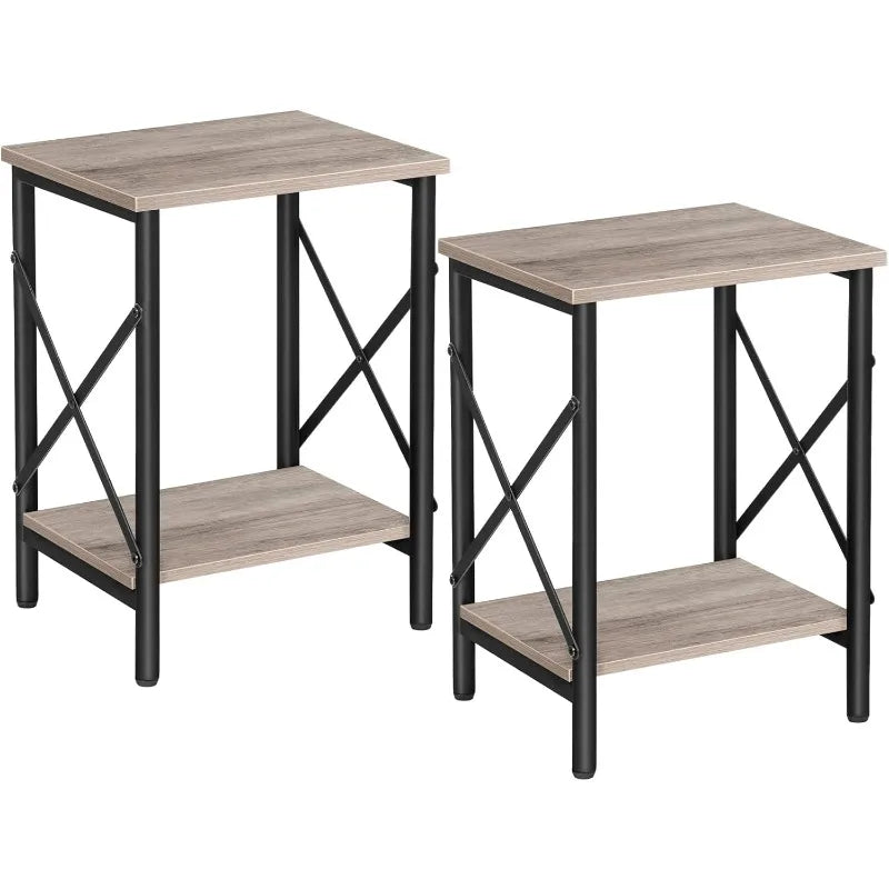 OEING 2 PCS Industrial Design Brown Wood Top Black Iron Metal Frame Adjustable Feet End Table Sets/ 1 Storage Shelf/Dimensions: 10.6"D x 14.6"W x 19.9"H/Colors-Rustic Brown Black-2/Greige-2