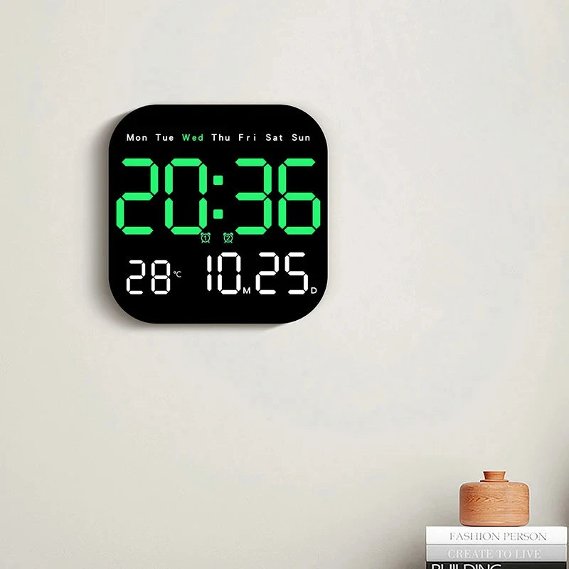 Modern USB Plug-In Black Plastic Square LED Large Digital Display Timing Function Remote Control Temperature-Week-Date Alarm Wall Clocks