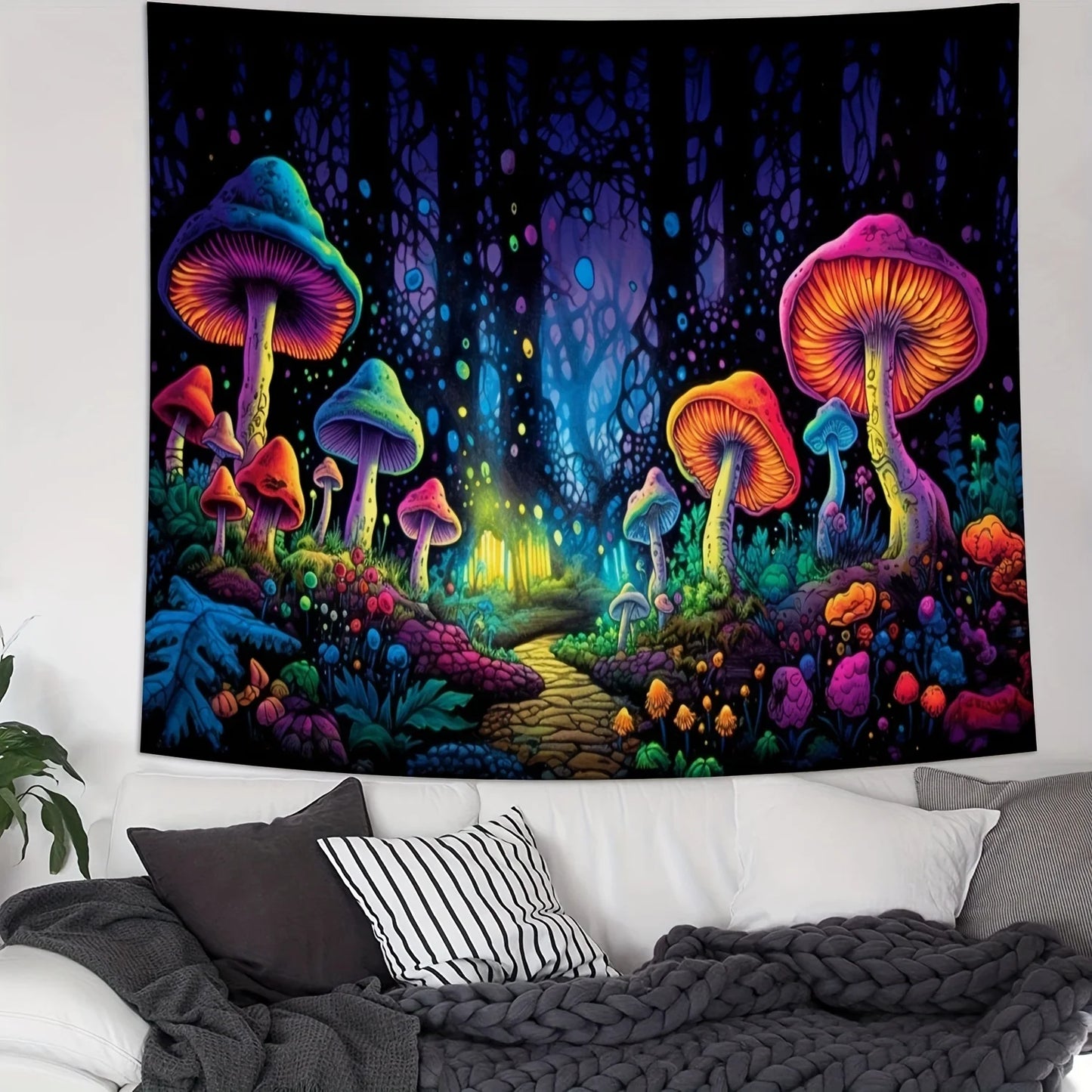 Black Background Polyester Glow Under Black UV Light Flowing Water Colorful Multicolor Mushrooms Nature Floral Tree of Life Forest Wall Hanging Tapestries
