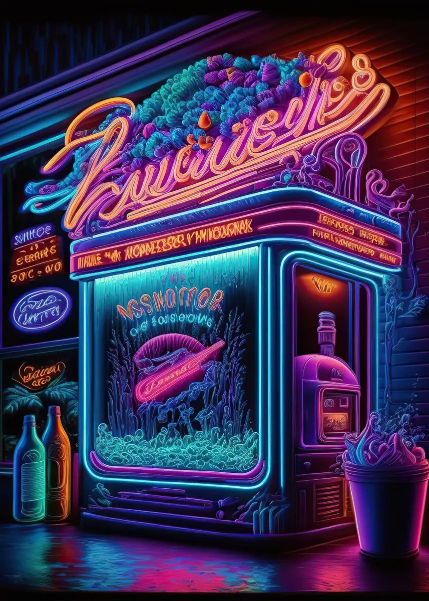 Unframed Modern Cotton Canvas Cartoon Neon Fast Food/Soft Drinks Prints/Colors-White/Blue/Multicolor