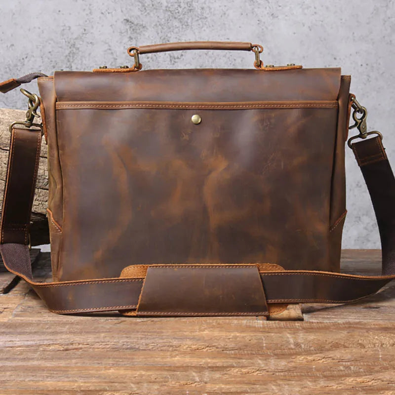 Luufan Brown Men Cow Leather Briefcase Zipper Bags/Handles-Shoulder Straps/Built-In Laptop Compartment/Fits 14 Inch Laptop