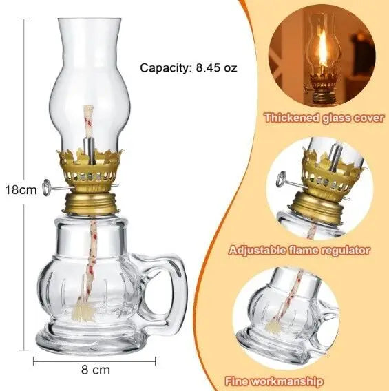 Indoor Desktop Windproof Mini Glass-Metal Kerosene Oil Lamps/Glass Lampshade/Removable Wick /Color-Transparent/Green
