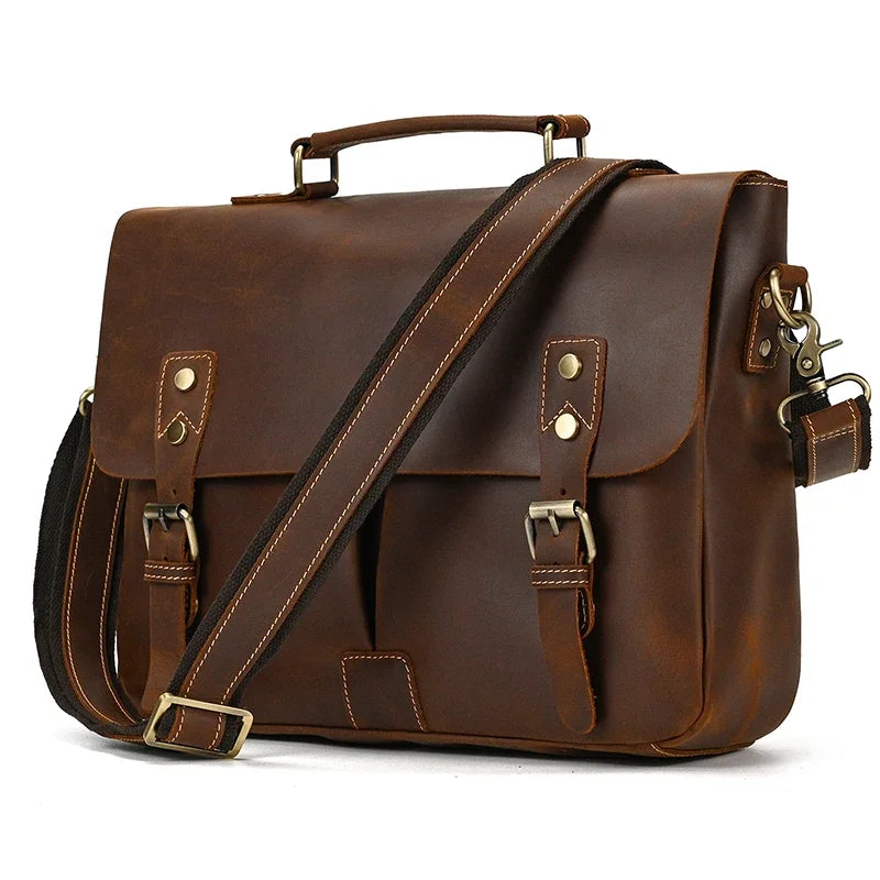 Luufan Brown Men Cow Leather Briefcase Zipper Bags/Handles-Shoulder Straps/Built-In Laptop Compartment/Fits 14 Inch Laptop
