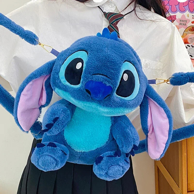 MINISO Lightweight Kawaii Disney's Soft Plush Blue Stitch Doll-On Front Single Compartment Crossbody Shoulder Straps Cotton Fabric School Backpacks