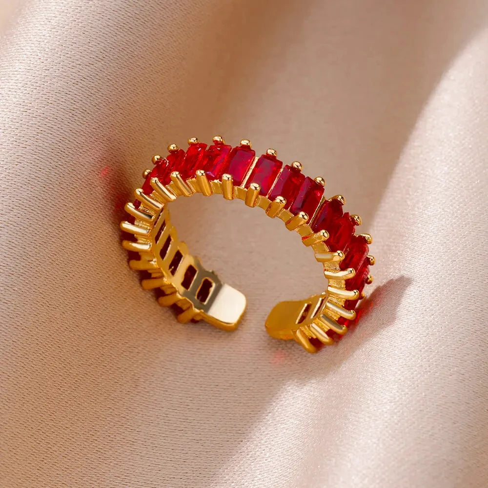 Colorful Square Zircon Anti-Acid-Alkali Stainless Steel Imitation Gold Mood Tracker Crystal Open Finger Rings/Colors-Geometric/Multicolor/Gold/Green/Red