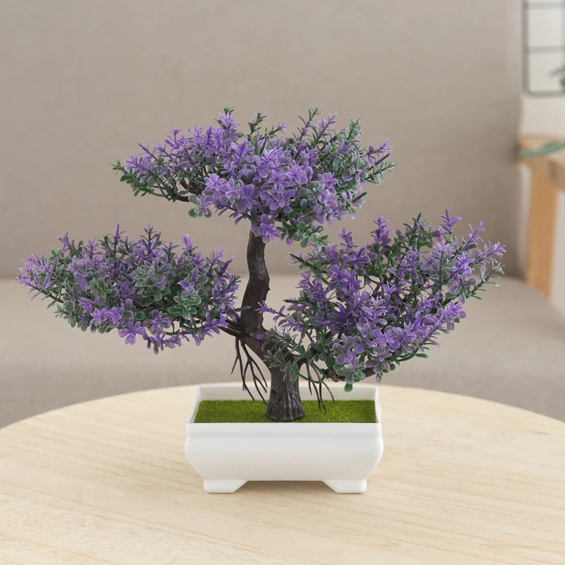 Indoor Artificial Plastic Non-Flowering Small Magnoliopsida Bonsai Tree-Rectangle Pot/Colors-Green/Purple/Yellow
