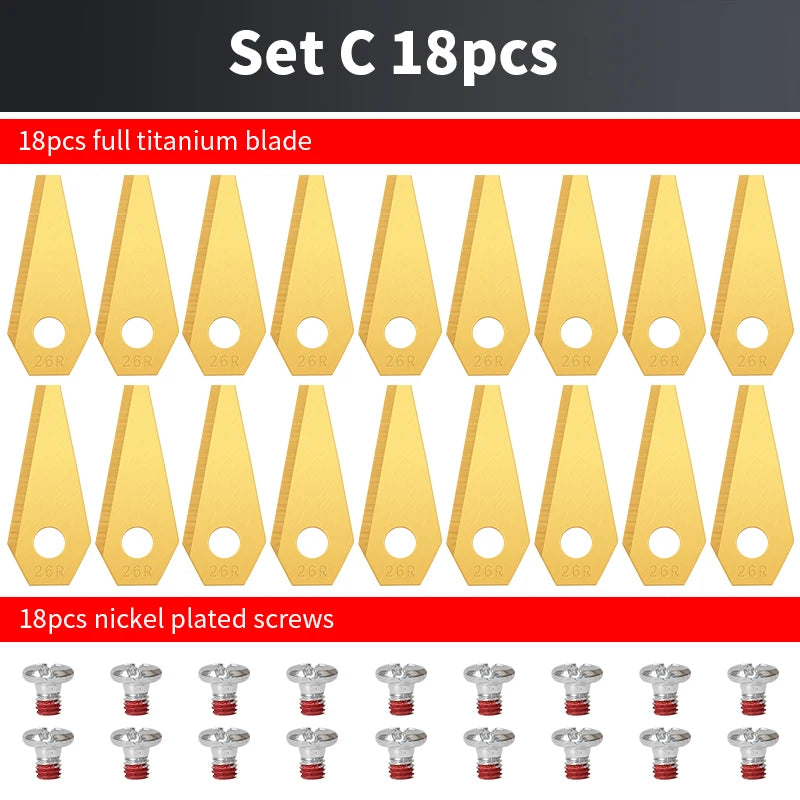 ONNFANG 9 PCS Pack Tool Replacement Petrol-Gas Power Lawn Mower Wear-Resistant Anti-Rust Silver-Gold Coated Titanium-Plated Steel Robot Lawn Mower Blades