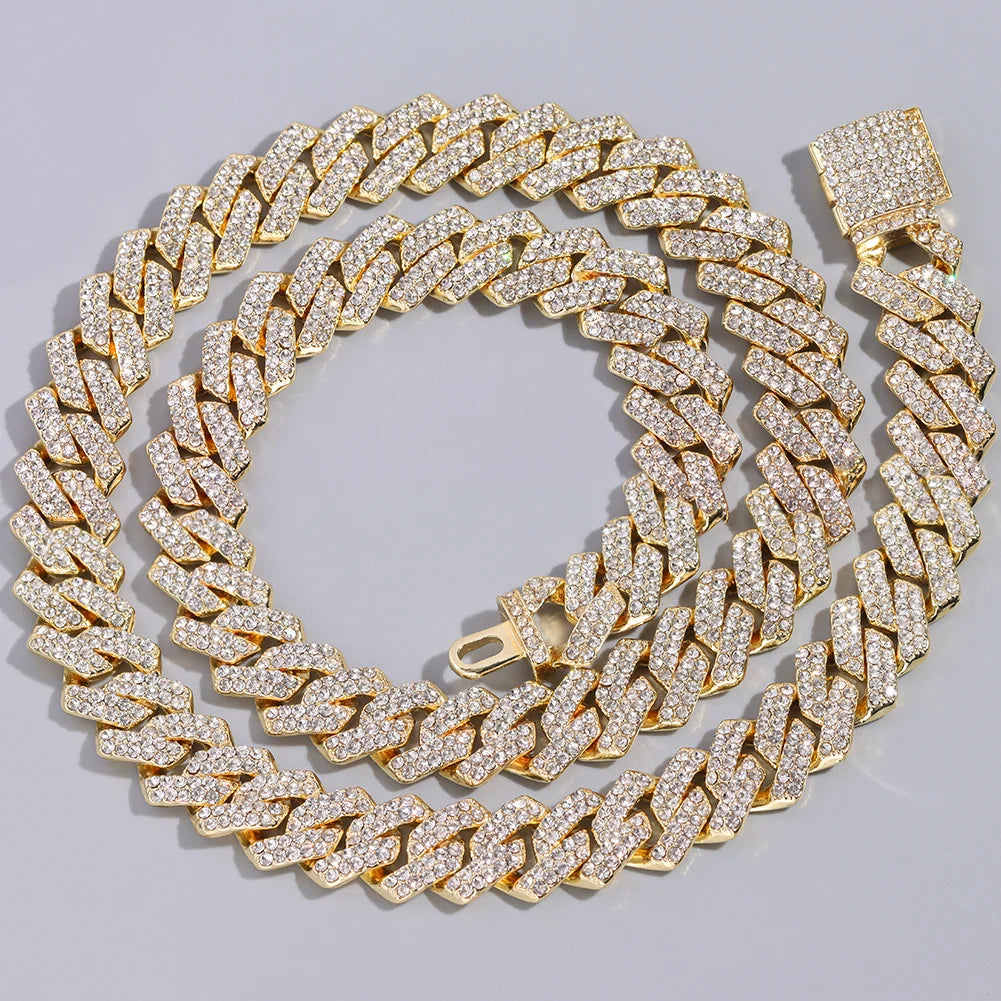Women-Teen Girls Gold-Silver Metal Iced Prong Chunky Cuban Chain Link Geometric Shape Shiny White Rhinestones Imitation Punk Necklaces