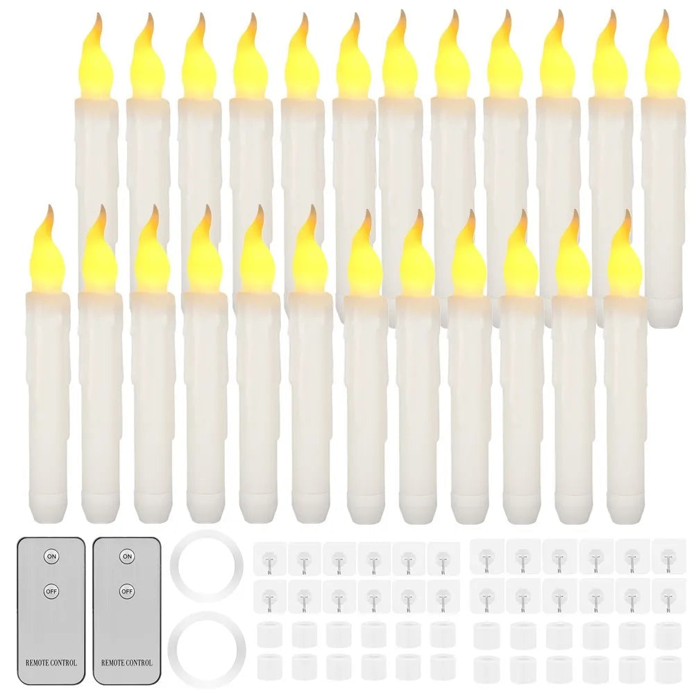 6-24 PCS Set LED White Realistic Round Cylindrical Plastic Flameless Flickering Tall Tapered Handheld Electric Window Candles/Battery: 2-AAA ( Not Included )/ Automatic Timer/1-4 PCS Remote Control